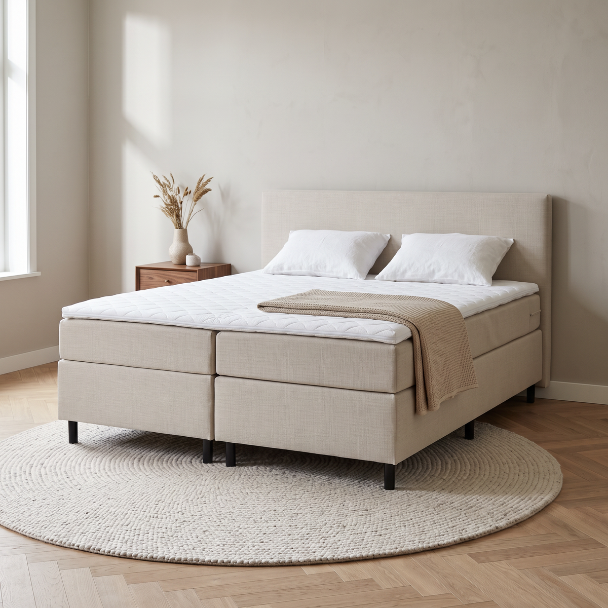 Regular Boxspring lage pocketvering in Inari 22 in een lichte slaapkamer