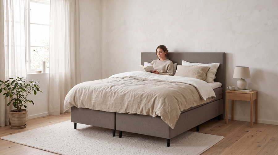 Vrouw leest een boek in een Regular Boxspring in Inari 90