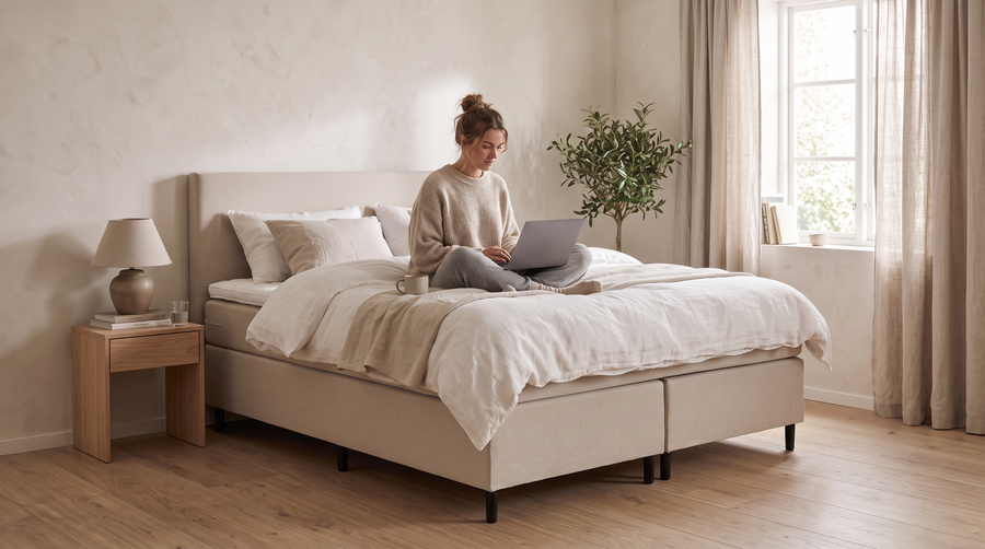 Vrouw werkt op haar laptop op een Regular Boxspring in Inari 22