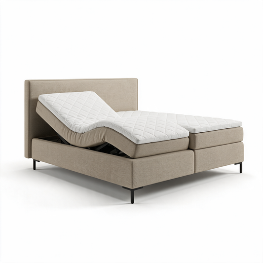 BSD Electric elektrisch verstelbare boxspring in beige stof met het hoofdeinde omhoog gezet