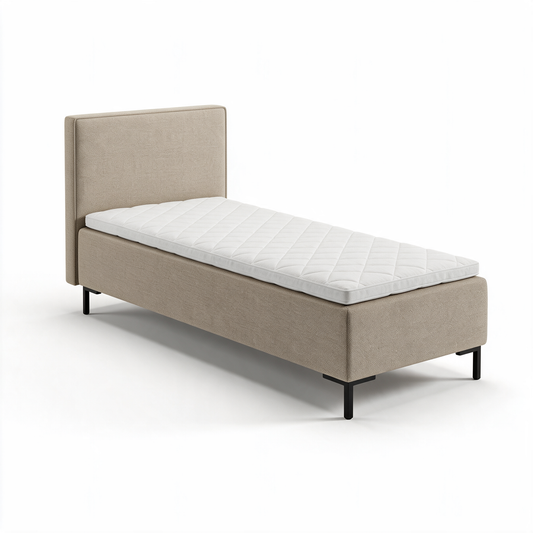 BSD Single eenpersoons boxspring in beige stof met matras en witte topper