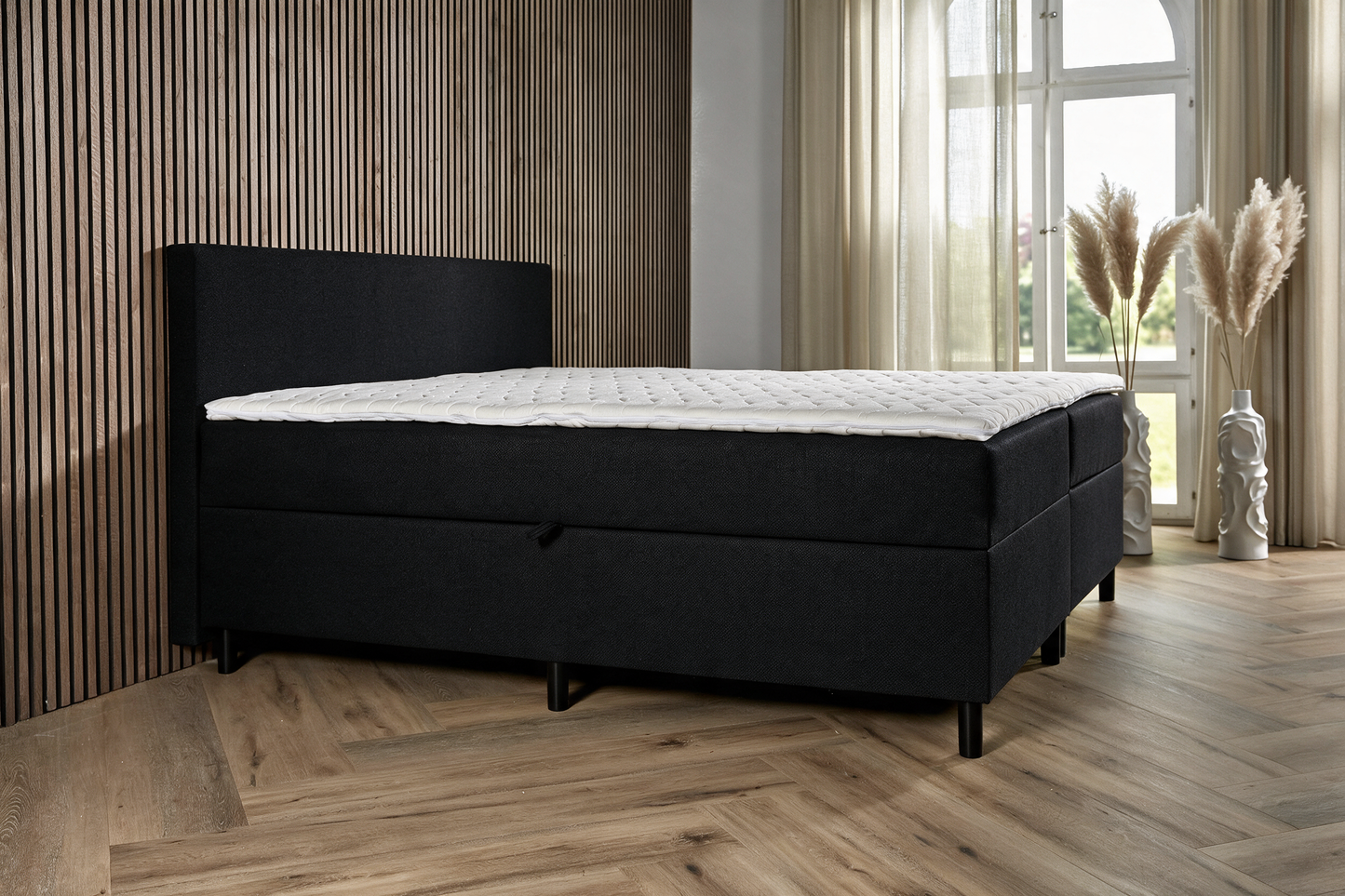 BSD Storage opbergboxspring in zwart, schuin vooraanzicht met matras en witte topper [zwart]