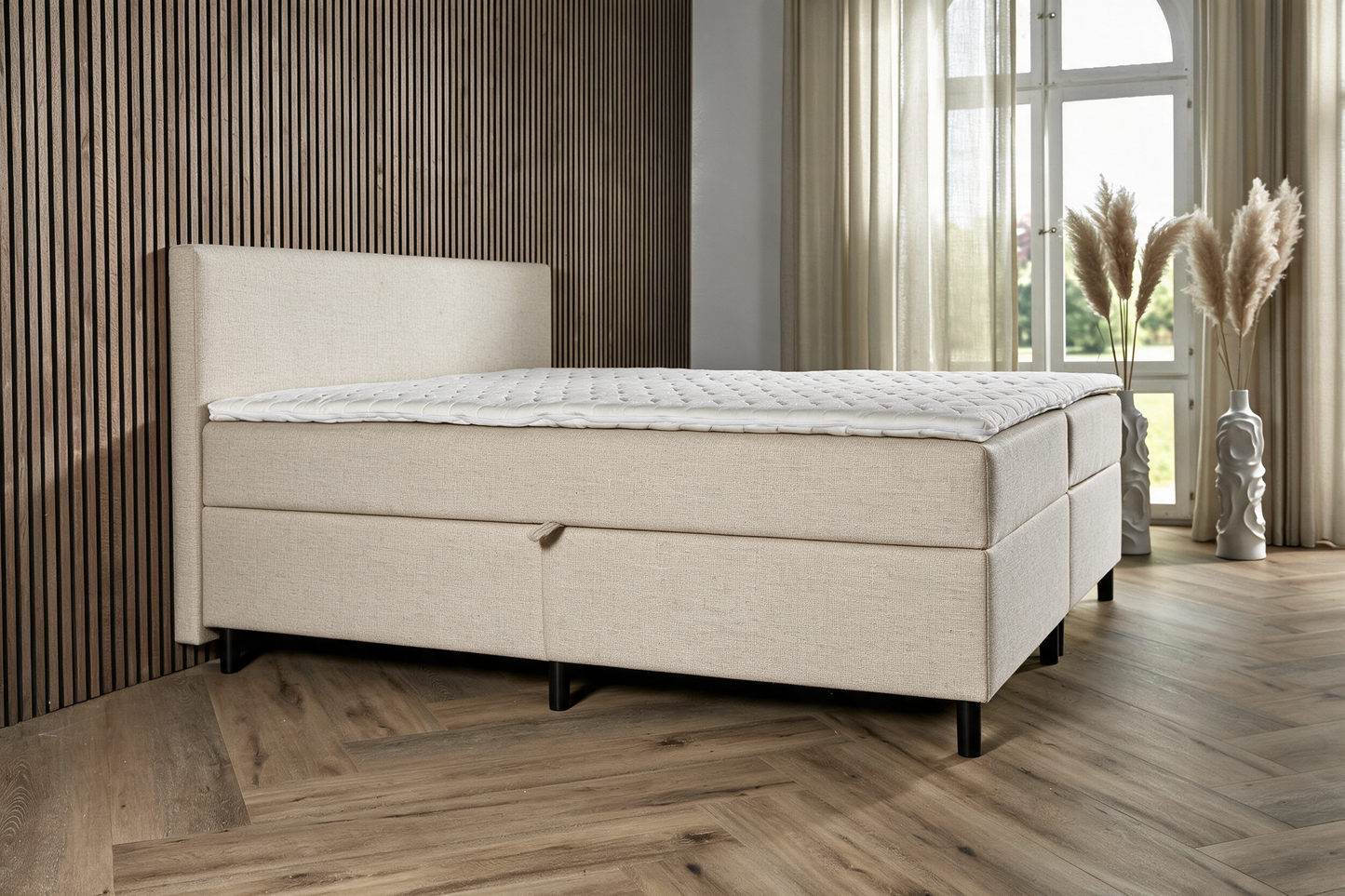 BSD Storage opbergboxspring in beige, schuin vooraanzicht met matras en witte topper [beige]