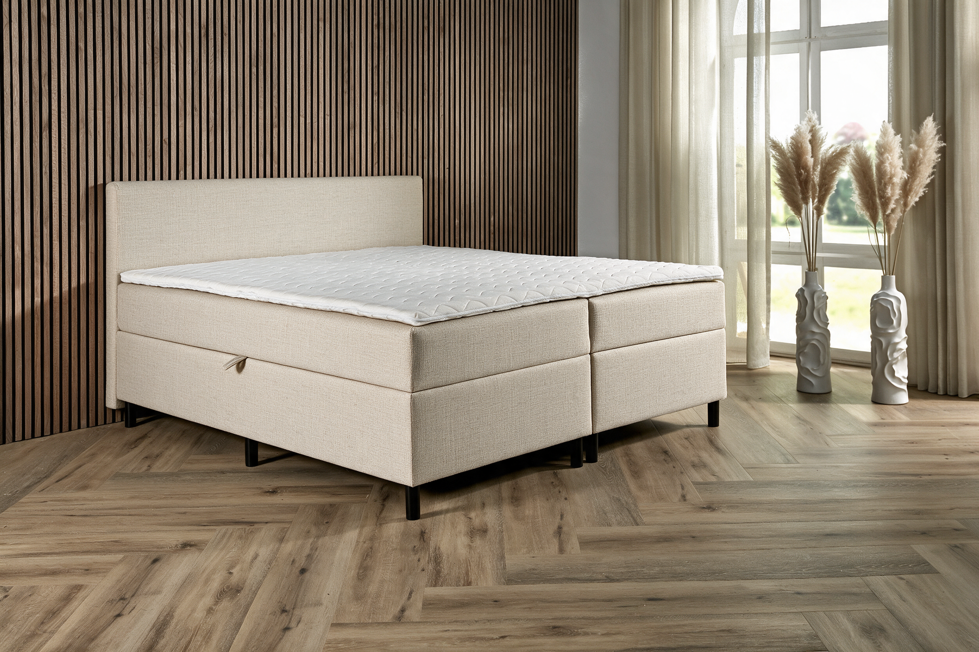BSD Storage opbergboxspring in beige, volledig zicht in de slaapkamer [beige]