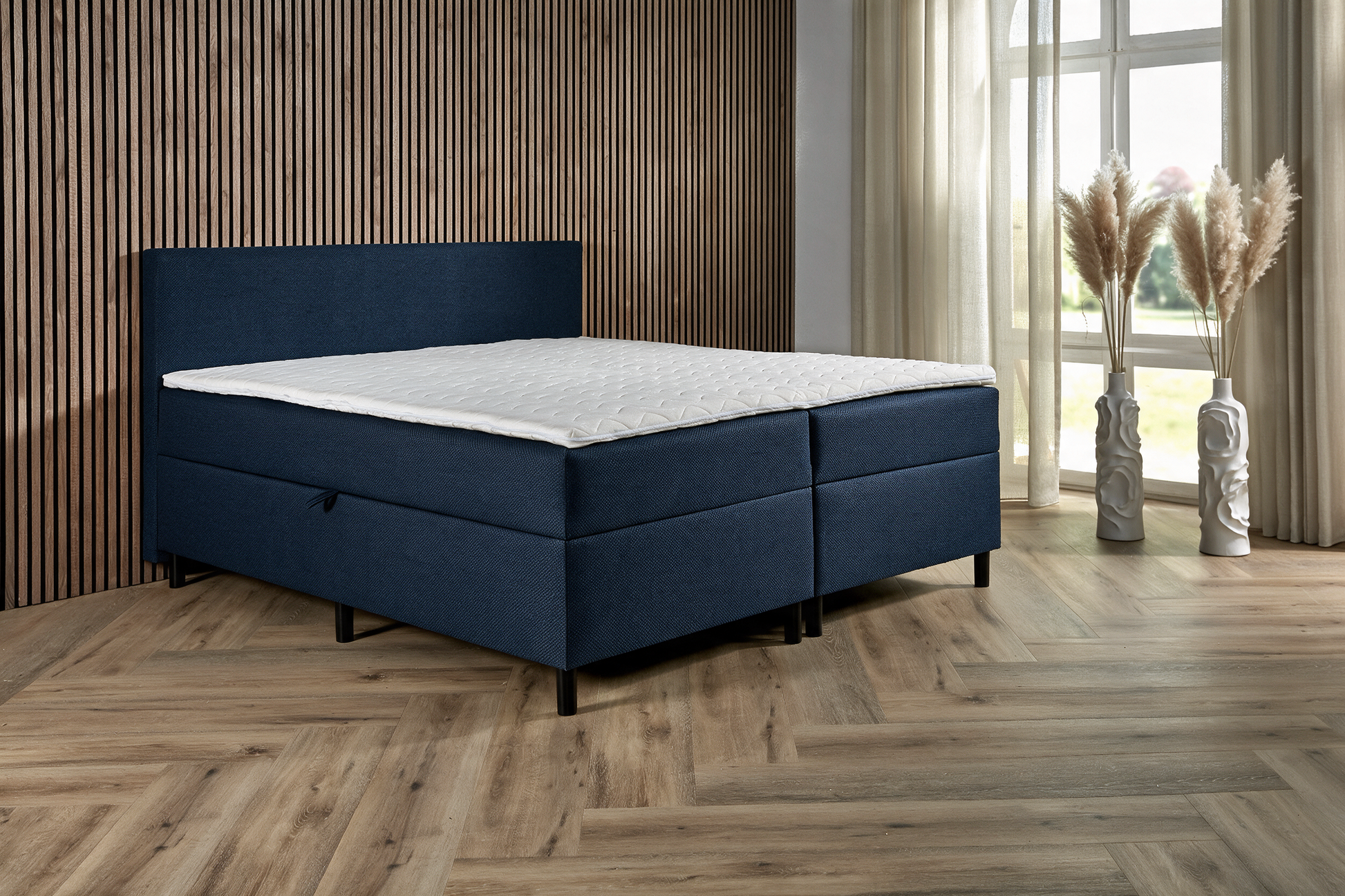 BSD Storage opbergboxspring in donkerblauw, volledig zicht in de slaapkamer [donkerblauw]