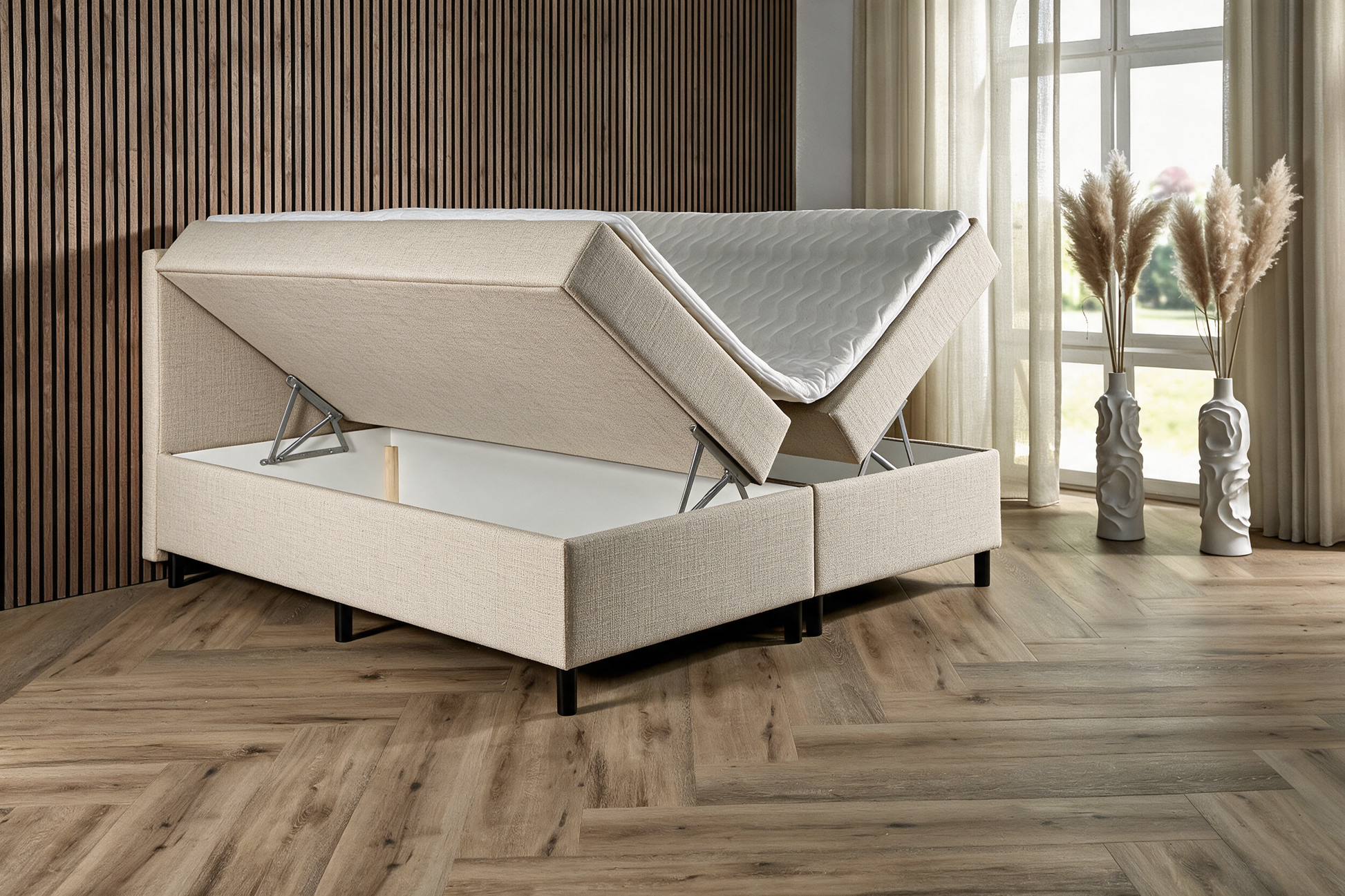 BSD Storage in beige met een ligvlak omhoog op de gasveer, opbergruimte zichtbaar [beige]